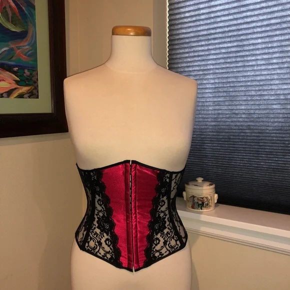 Vtg. 90's Shirley Red Satin & Black Lace Underbust Corset - Small - Picture 5 of 13